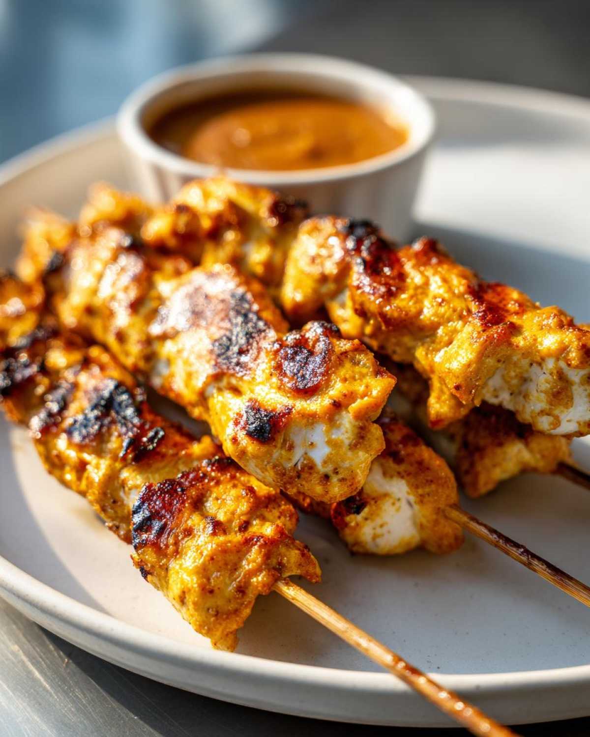 Close-up of grilled, golden brown chicken satay skewers served with a side of peanut dipping sauce.