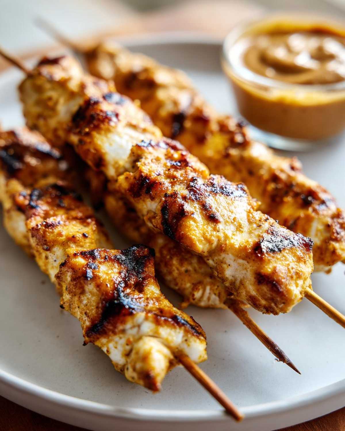 Close-up of three grilled chicken satay skewers on a plate with a side of peanut dipping sauce.