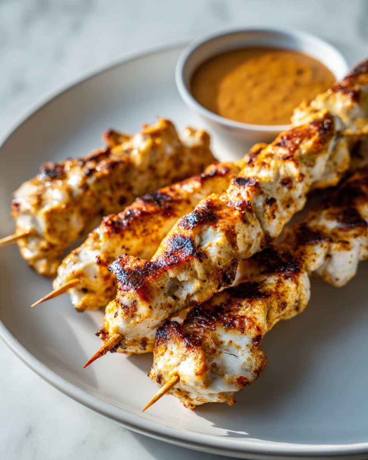 Close-up of grilled chicken satay skewers with char marks, served on a plate next to a small bowl of peanut sauce.