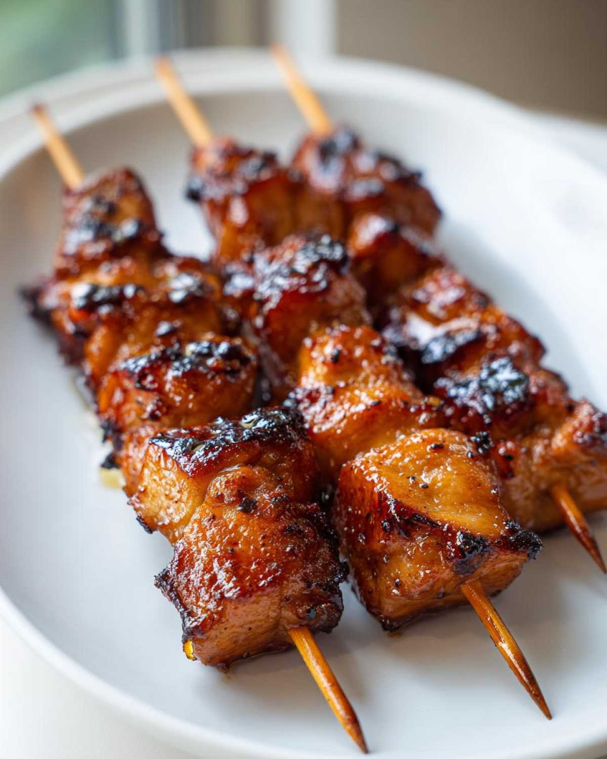 Three glossy, caramelized chicken skewers resting on a white plate, ready to eat.