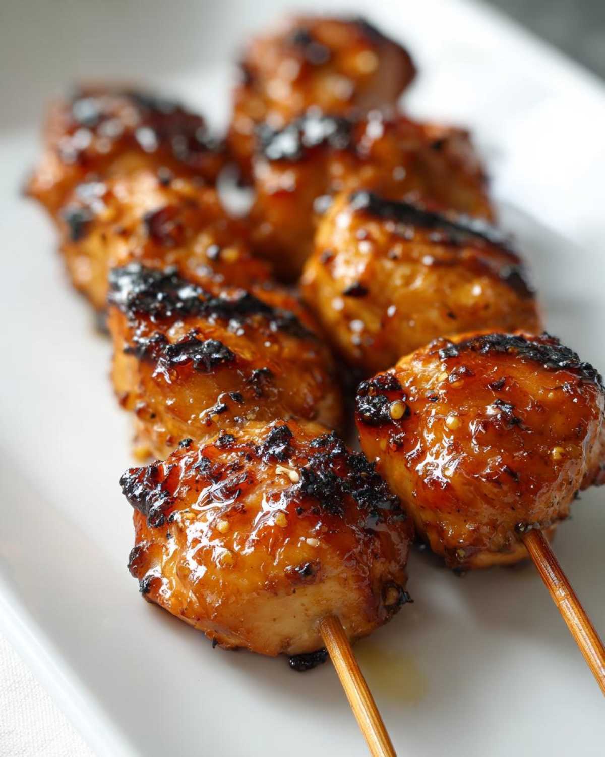 Close-up of juicy, caramelized chicken skewers with a sweet glaze, resting on a white plate.
