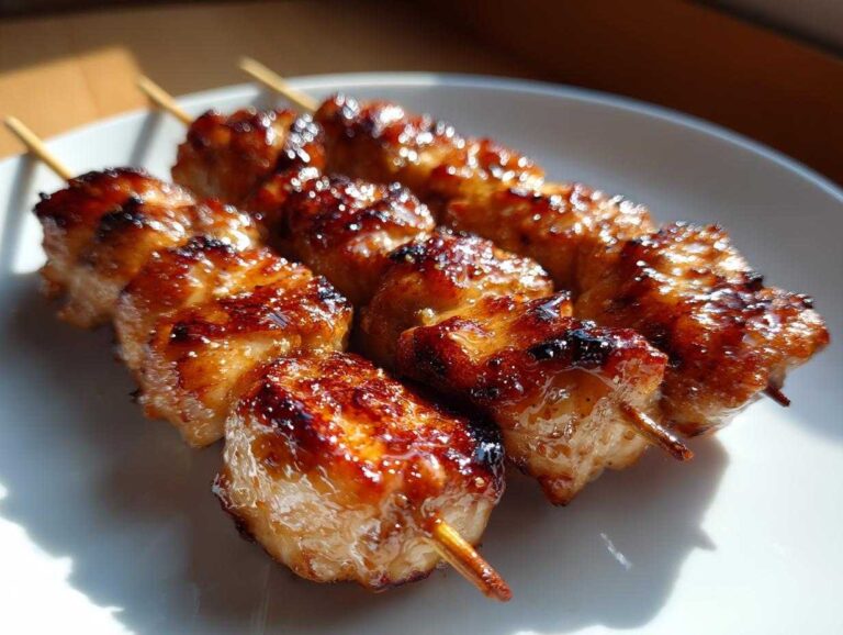 Close-up of three skewers featuring juicy, glazed, and slightly charred chicken skewers on a white plate.