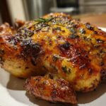 Close-up of a golden brown, juicy spatchcock chicken roasted with herbs on a white plate.