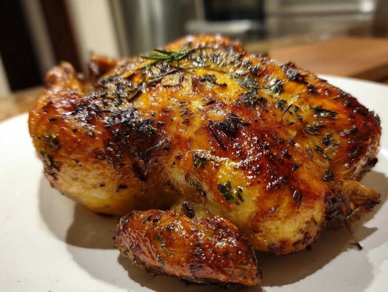 Close-up of a golden brown, juicy spatchcock chicken roasted with herbs on a white plate.