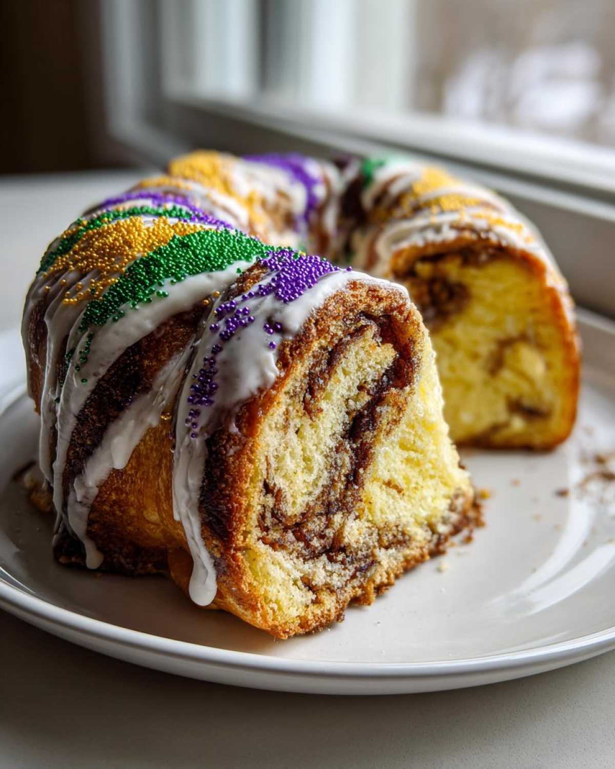 A slice cut from a cinnamon swirl king cake, drizzled with white icing and decorated with purple, green, and gold sprinkles.