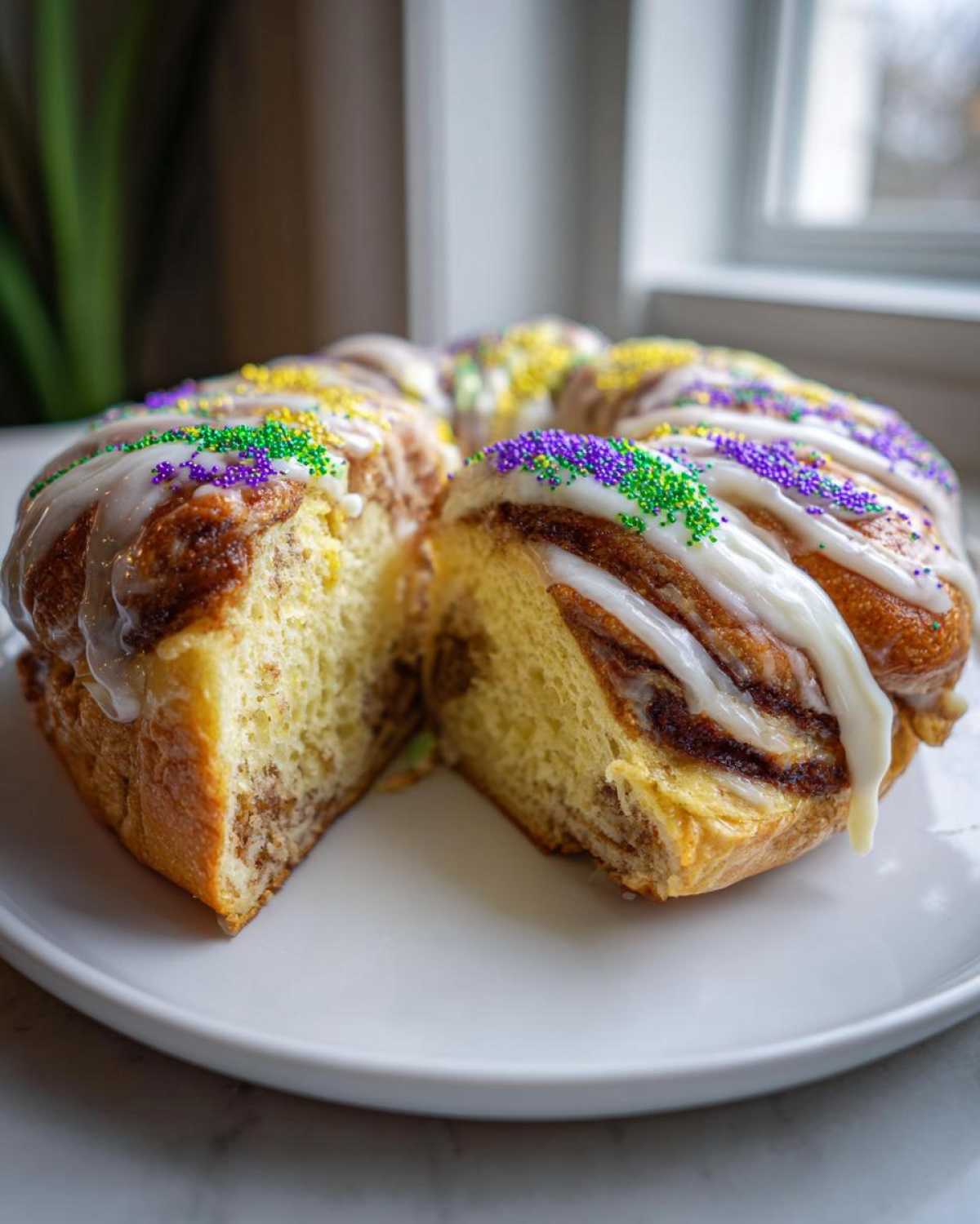 A slice cut from a delicious king cake showing the cinnamon swirl filling and white icing with Mardi Gras sprinkles.