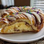 Close-up of a slice of homemade king cake showing cinnamon swirl filling, white icing, and Mardi Gras colored sprinkles.