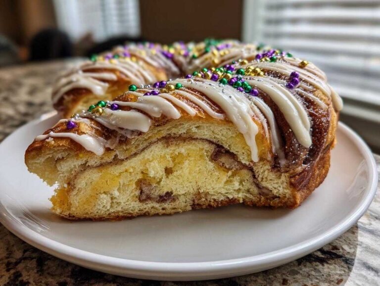 Close-up of a slice of homemade king cake showing cinnamon swirl filling, white icing, and Mardi Gras colored sprinkles.