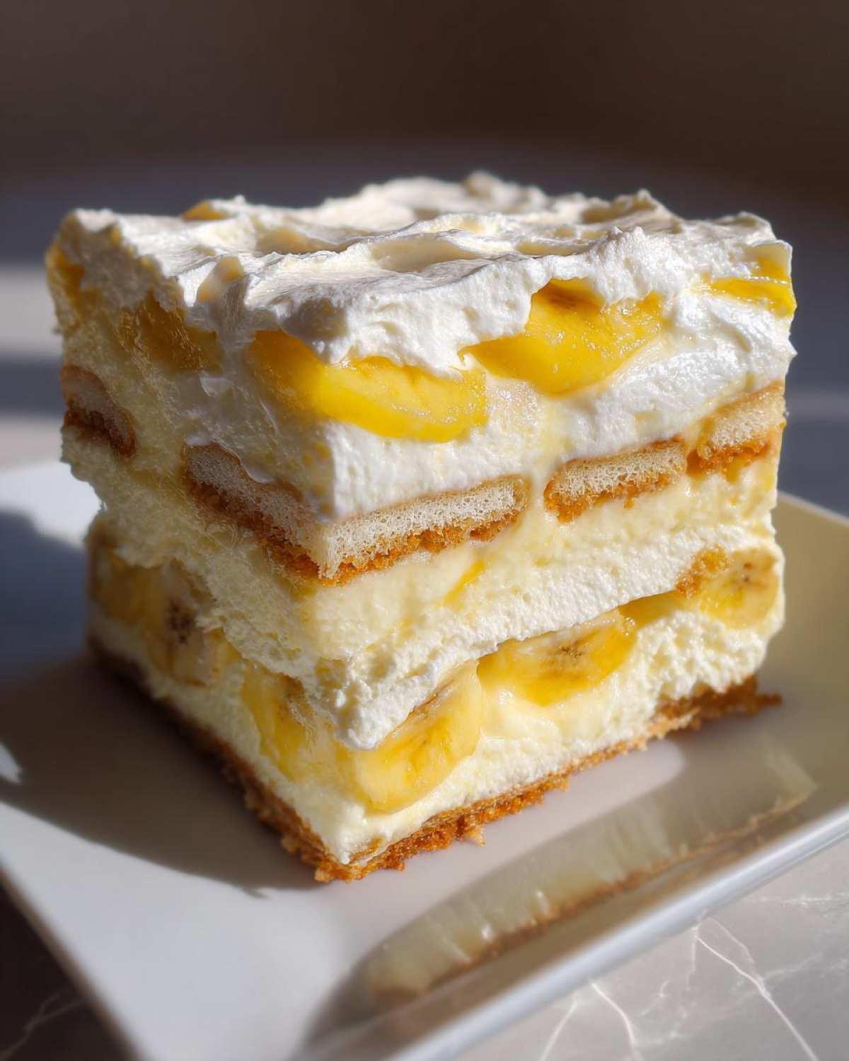 Close-up of a square slice of layered banana pudding featuring vanilla wafers, creamy filling, and fresh banana slices topped with whipped cream.