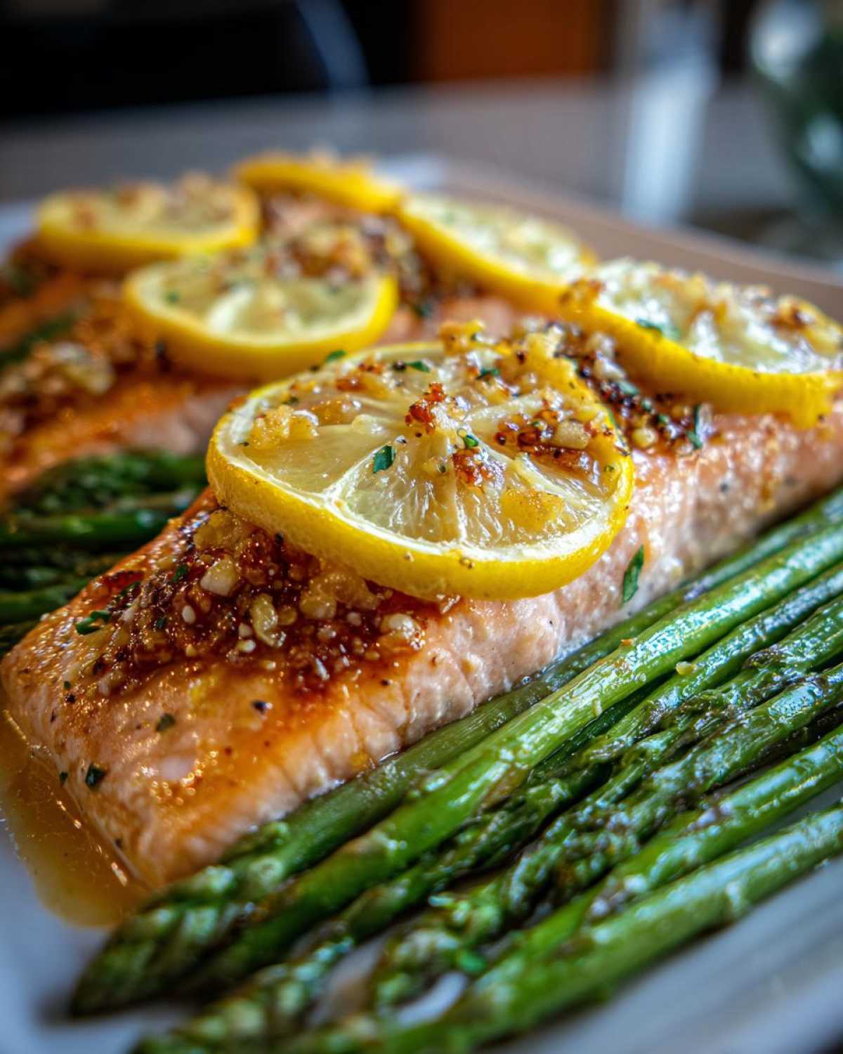Close-up of a perfectly cooked salmon recipe fillet topped with lemon slices and garlic glaze, served over bright green asparagus.