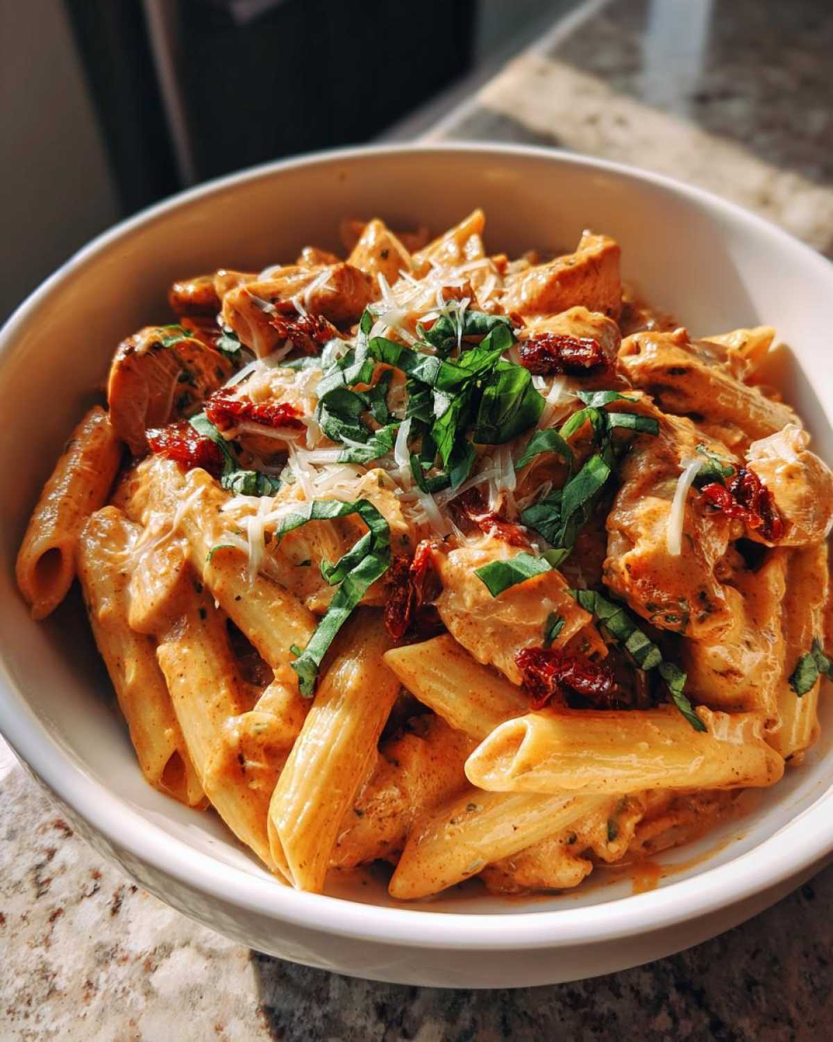 Close-up of creamy marry me chicken pasta with sun-dried tomatoes and fresh basil.