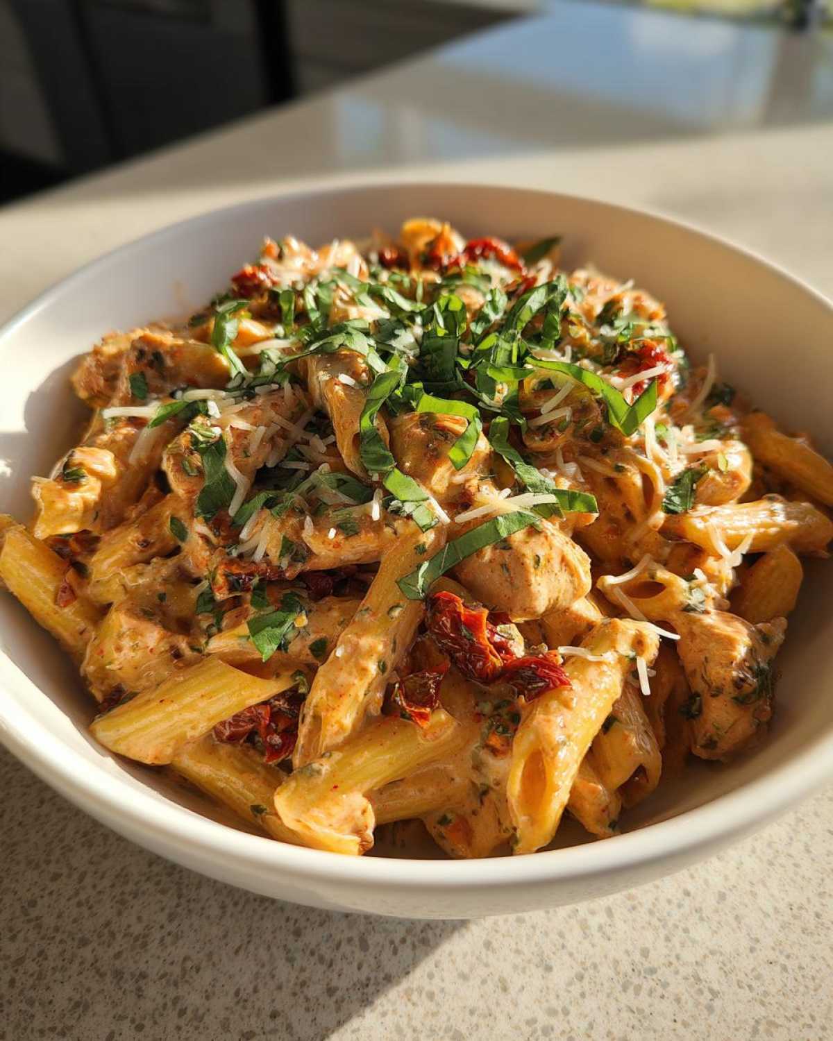 A close-up of creamy marry me chicken pasta with penne, sun-dried tomatoes, and fresh basil topping.