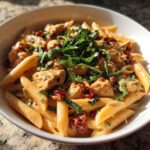 A close-up of creamy marry me chicken pasta with sun-dried tomatoes and fresh basil in a white bowl.