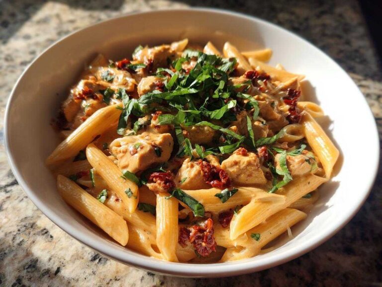 A close-up of creamy marry me chicken pasta with sun-dried tomatoes and fresh basil in a white bowl.