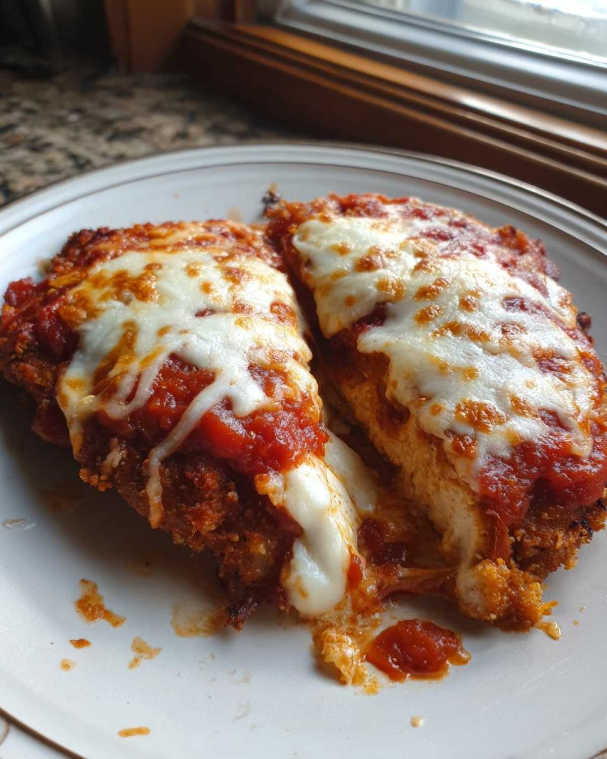 Two pieces of breaded chicken parmesan recipe covered in rich tomato sauce and gooey melted mozzarella cheese.