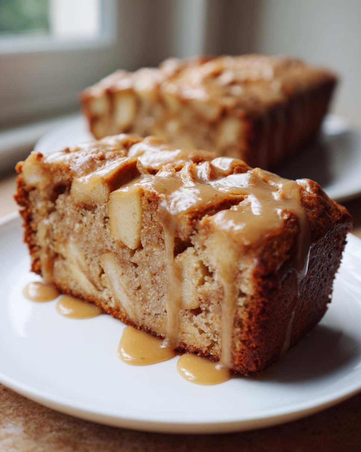 A moist slice of apple dapple cake topped with a thick caramel sauce drizzling down the sides.