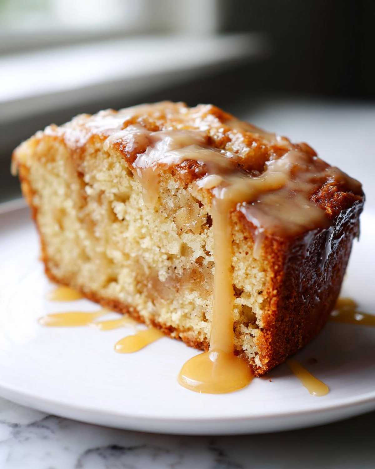 A close-up of a moist slice of apple dapple cake topped with a thick, dripping caramel sauce on a white plate.