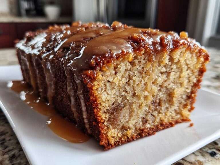 Close-up of a moist slice of apple dapple cake drizzled heavily with caramel sauce on a white plate.