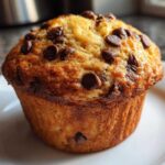 A perfectly baked, golden-brown banana chocolate chip muffin topped with melted chocolate chips, sitting on a white plate.
