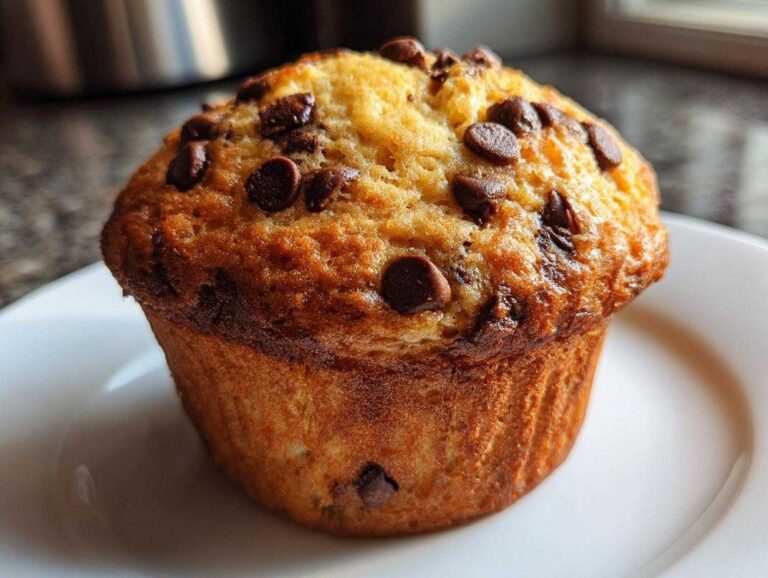 A perfectly baked, golden-brown banana chocolate chip muffin topped with melted chocolate chips, sitting on a white plate.