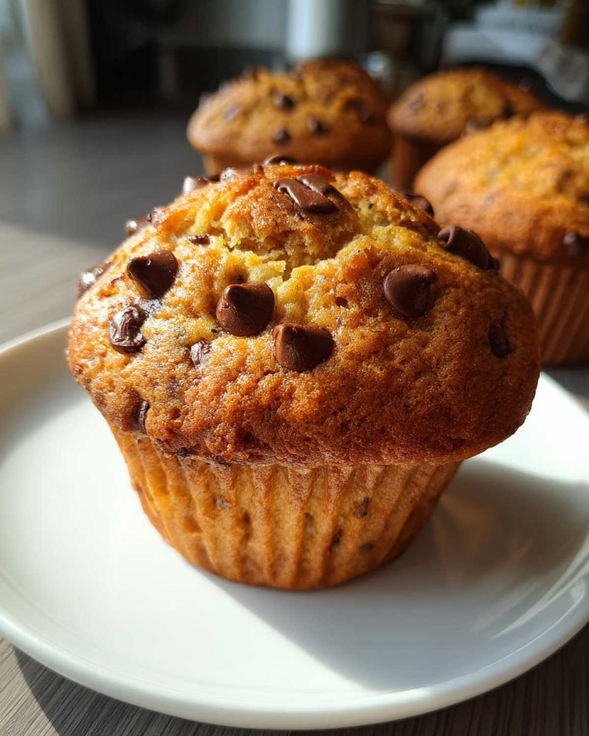 Close-up of a perfectly baked banana chocolate chip muffin topped with melted chocolate chips.