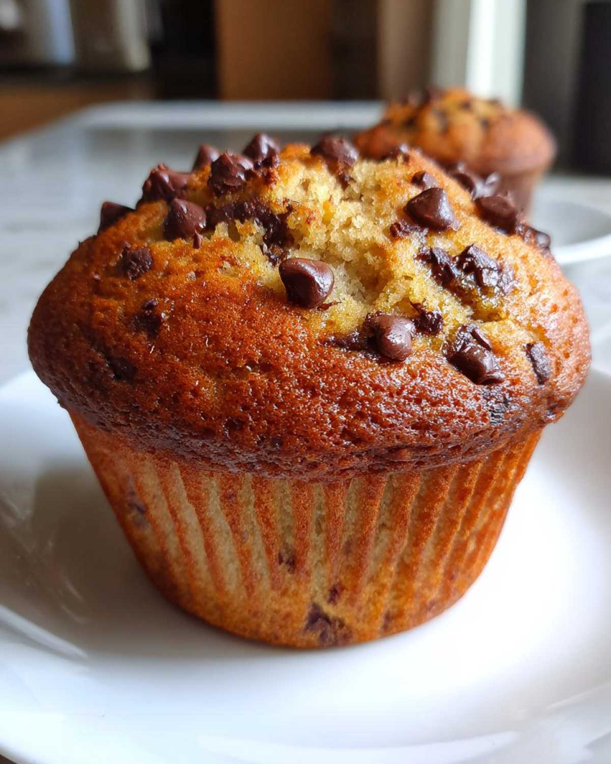 Close-up of a perfectly baked banana chocolate chip muffin with a golden-brown top studded with melted chocolate chips.