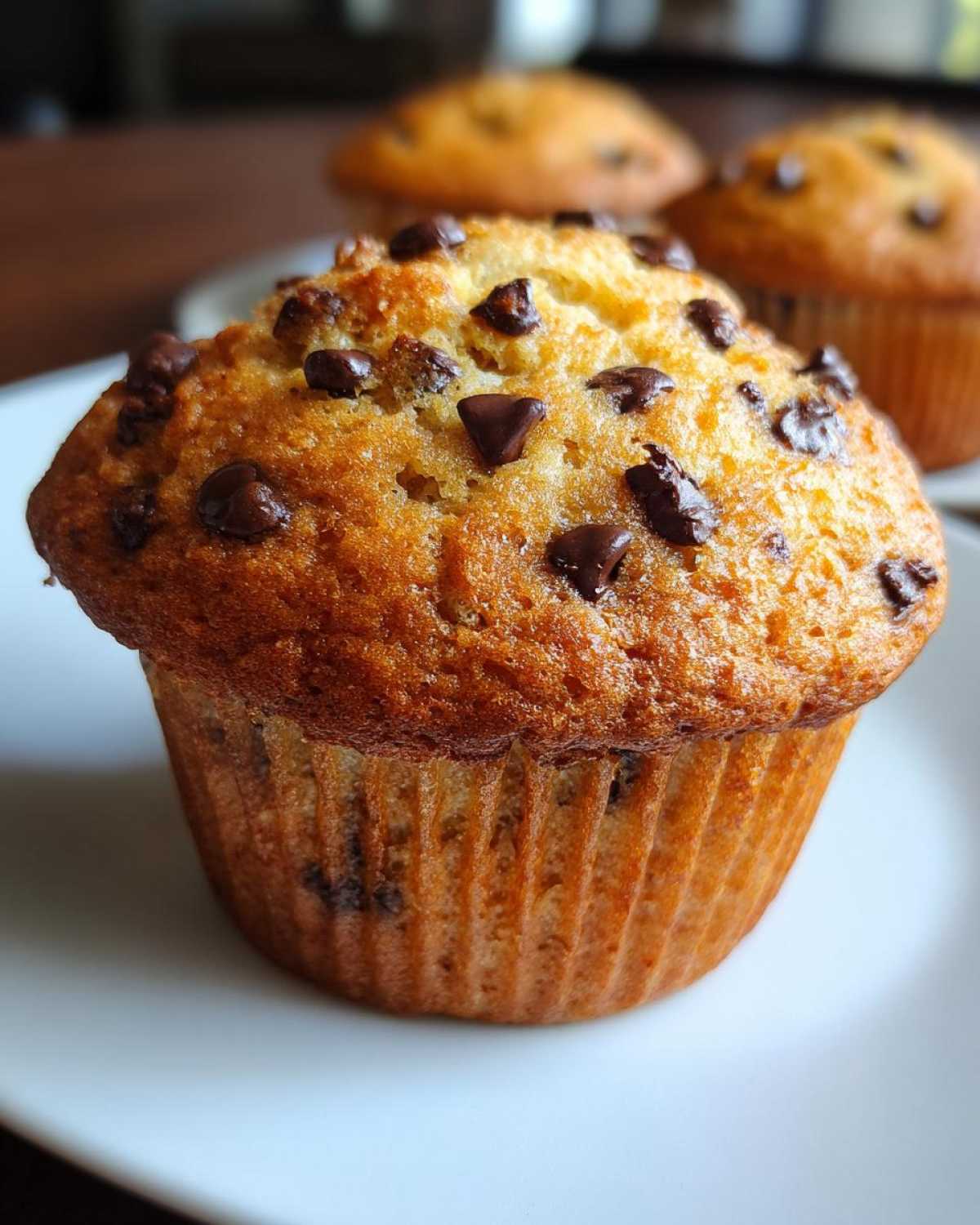 Close-up of a perfectly baked, golden-brown banana chocolate chip muffin topped with melted chips.
