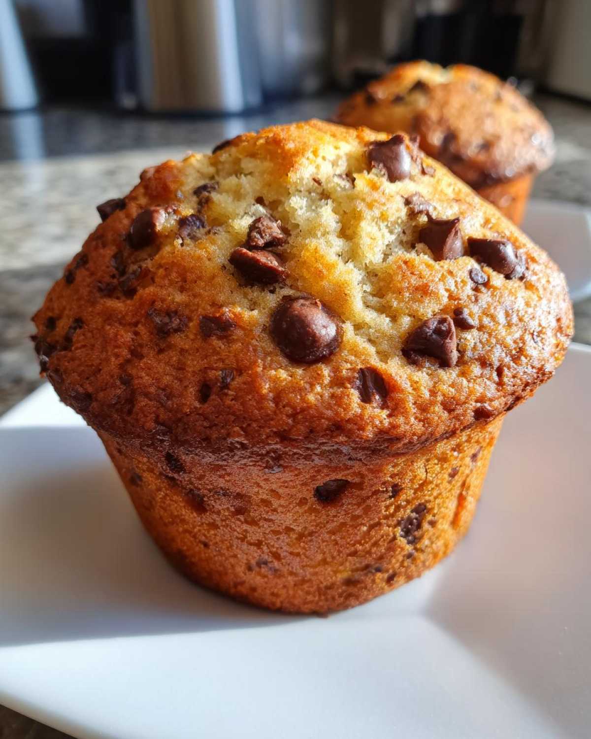 Close-up of a golden-brown banana chocolate chip muffins, studded with melted chocolate chips on top.
