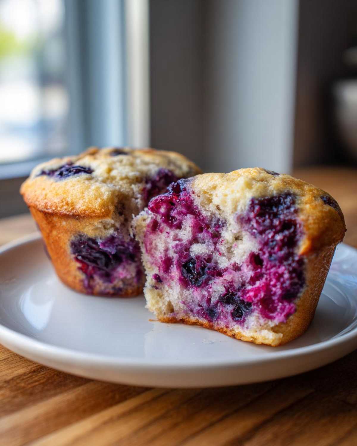 Close-up of a moist blueberry cottage cheese muffin cut in half showing vibrant purple berries inside.