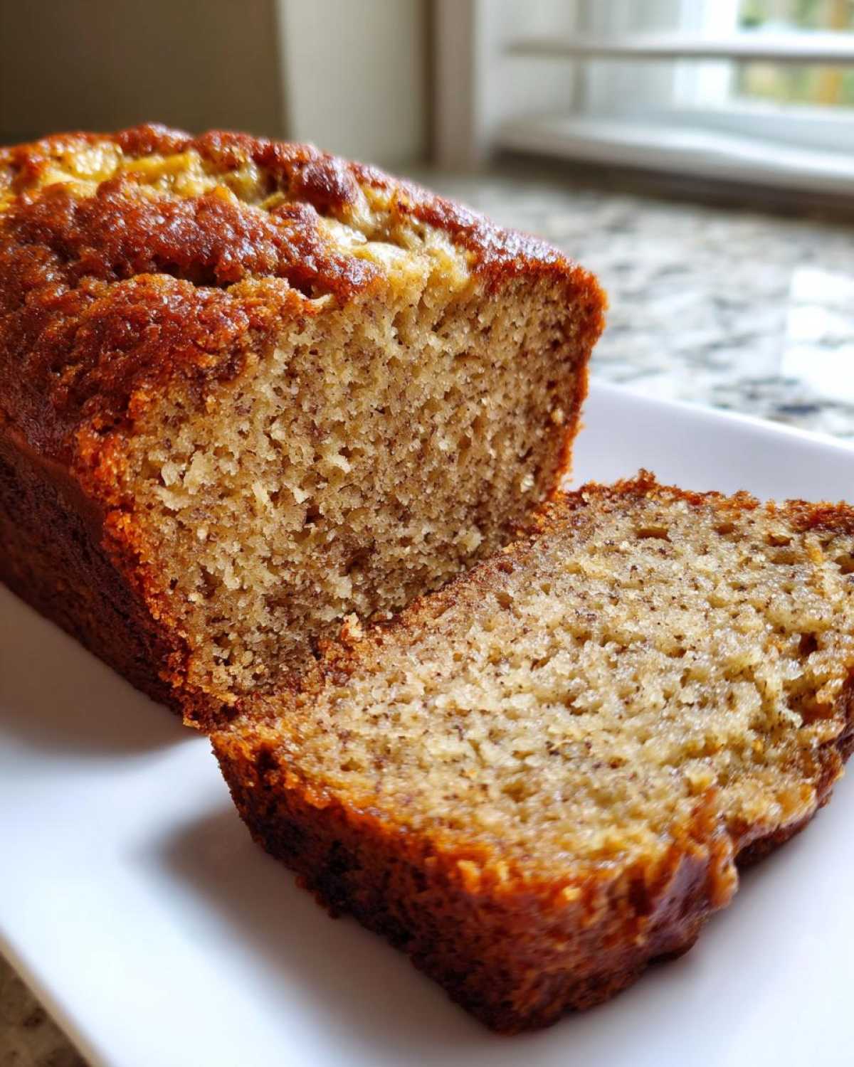 Close-up of moist greek yogurt banana bread slice 3.