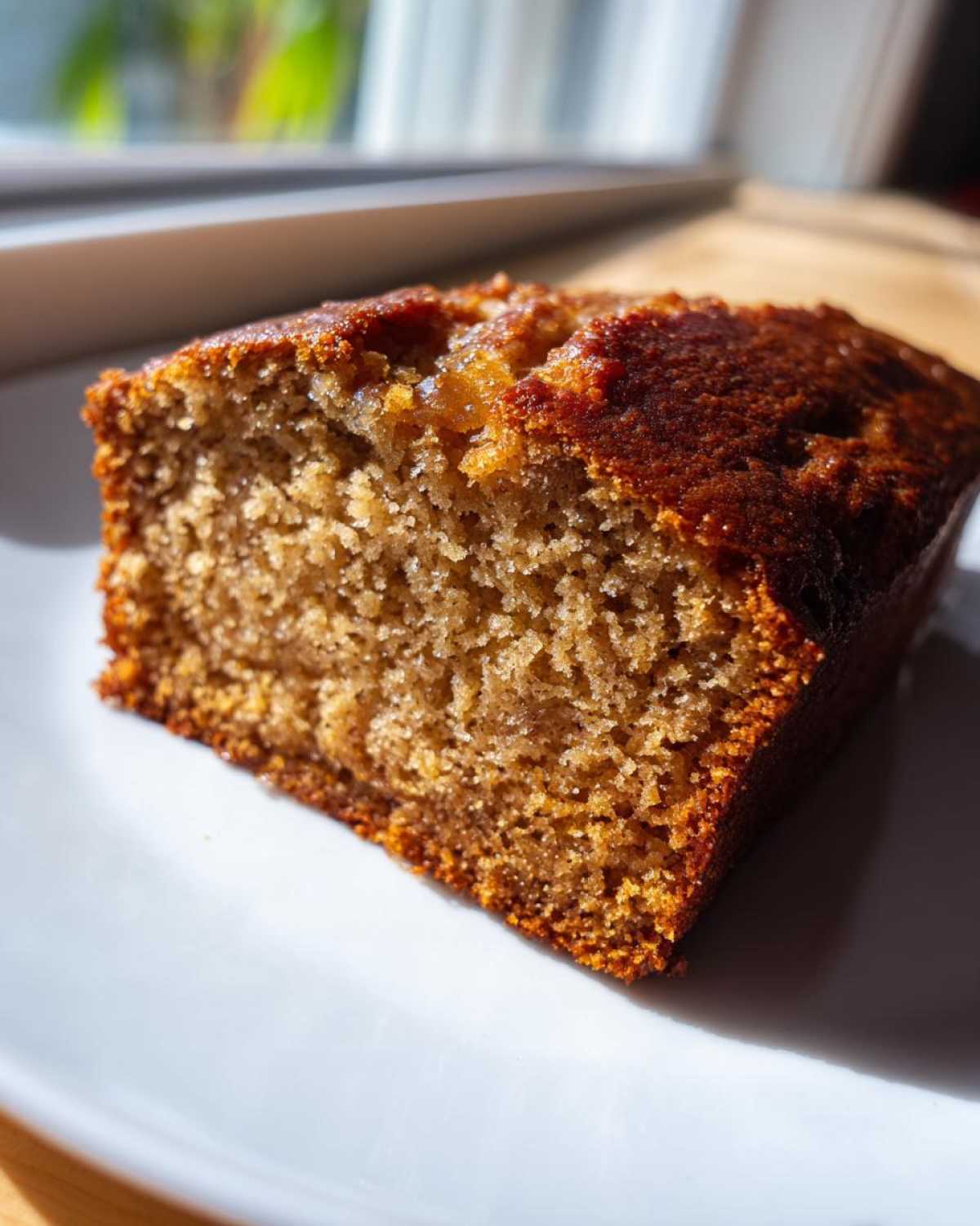 Close-up of a moist, golden-brown slice of greek yogurt banana bread showing its tender crumb texture.