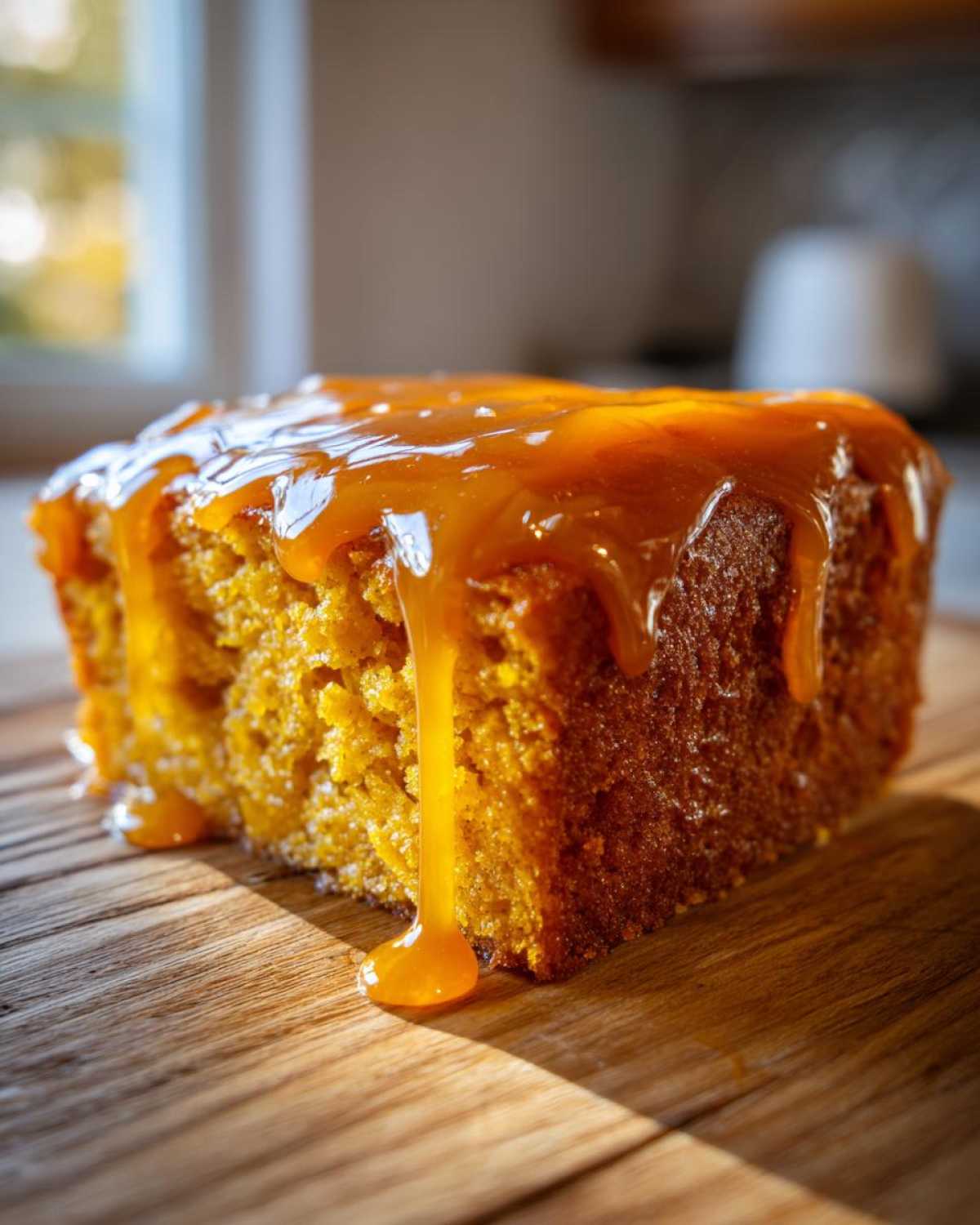 A close-up of a slice of moist sweet potato cornbread generously topped with dripping caramel glaze.