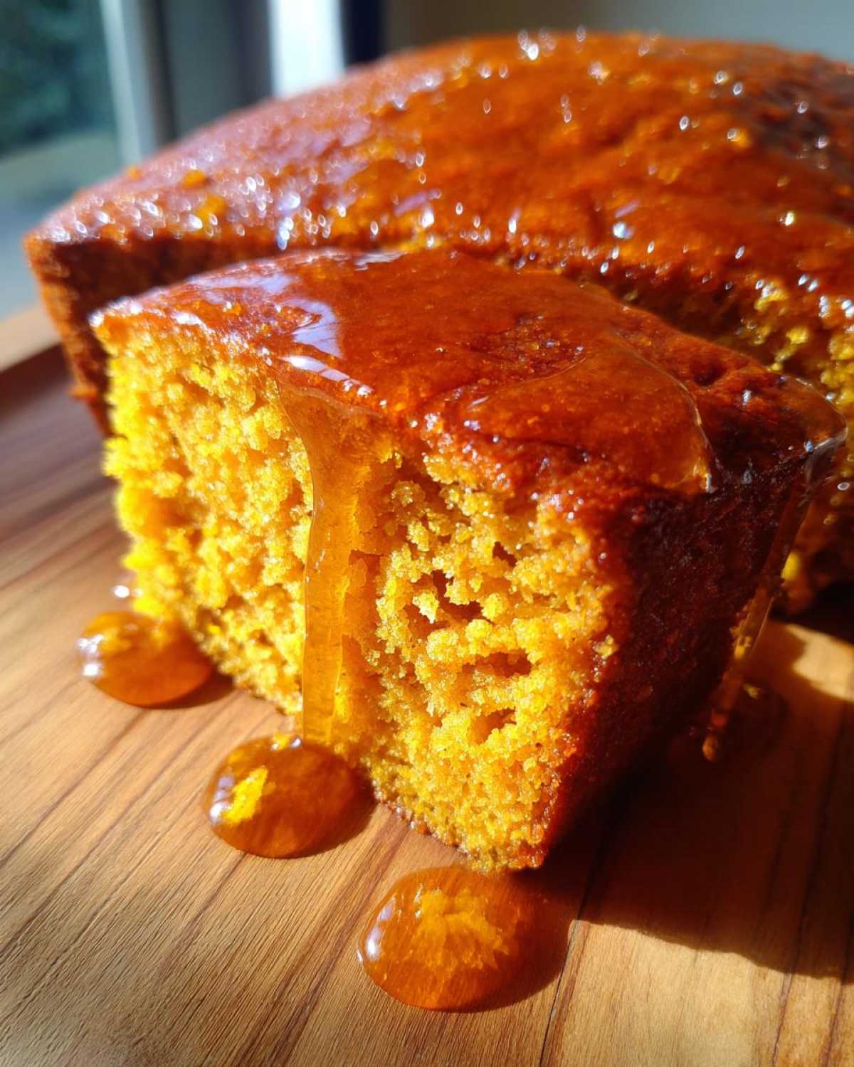 Close-up of moist sweet potato cornbread slice being drizzled with a thick, amber glaze.