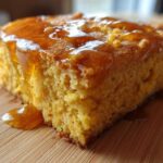 Close-up of a moist slice of sweet potato cornbread drizzled generously with a shiny amber glaze.