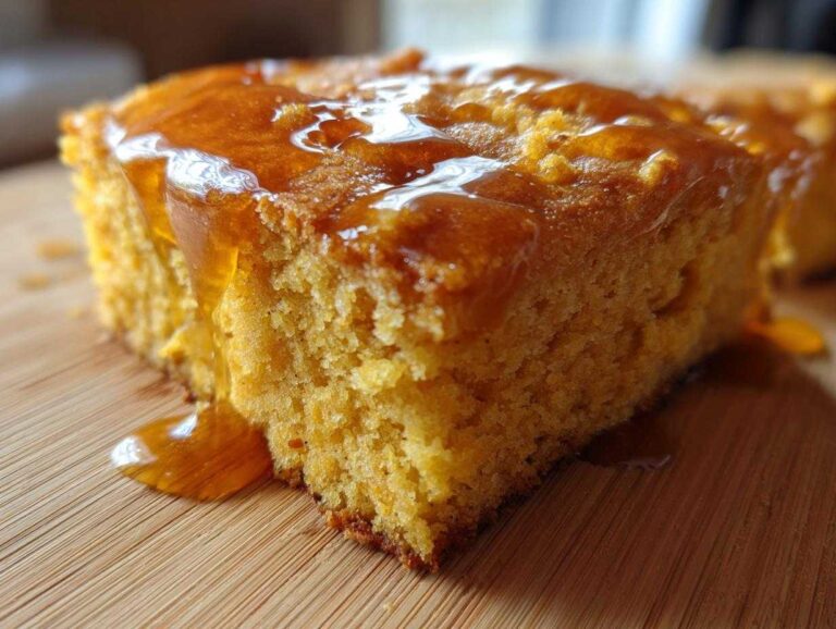 Close-up of a moist slice of sweet potato cornbread drizzled generously with a shiny amber glaze.