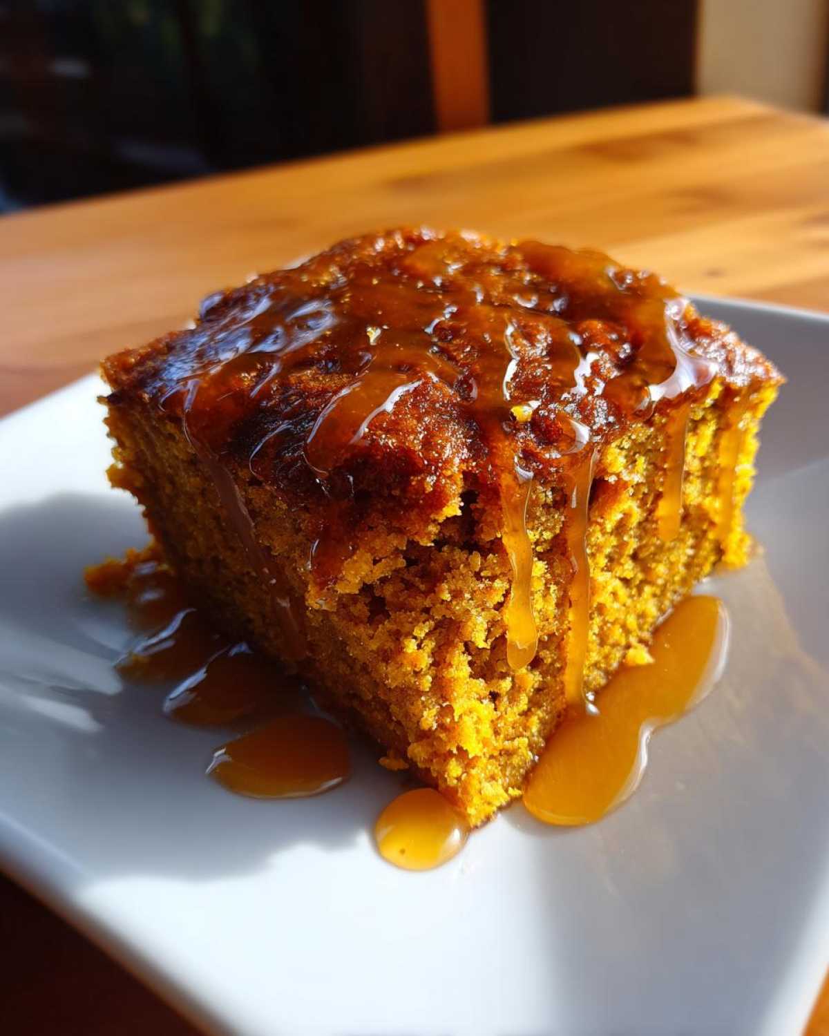 A square slice of moist sweet potato cornbread topped with a thick, dripping caramel glaze.