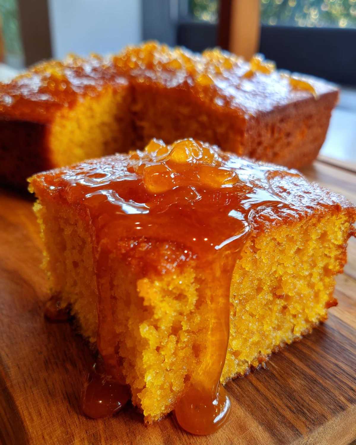 Close-up of a moist slice of sweet potato cornbread topped with dripping orange glaze.