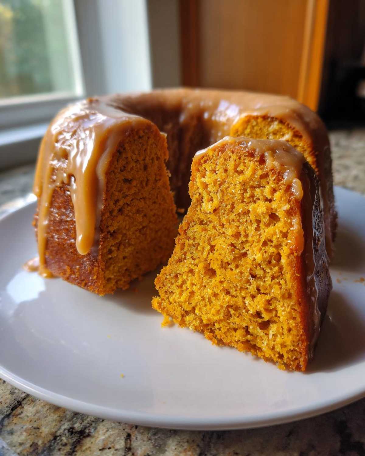A slice cut from a moist sweet potato pound cake drizzled with a thick caramel glaze.