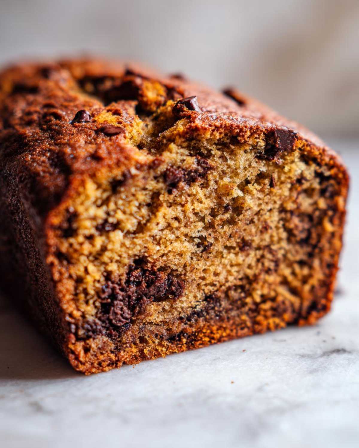 Close-up of a freshly baked slice of vegan banana bread loaded with melted chocolate chips.