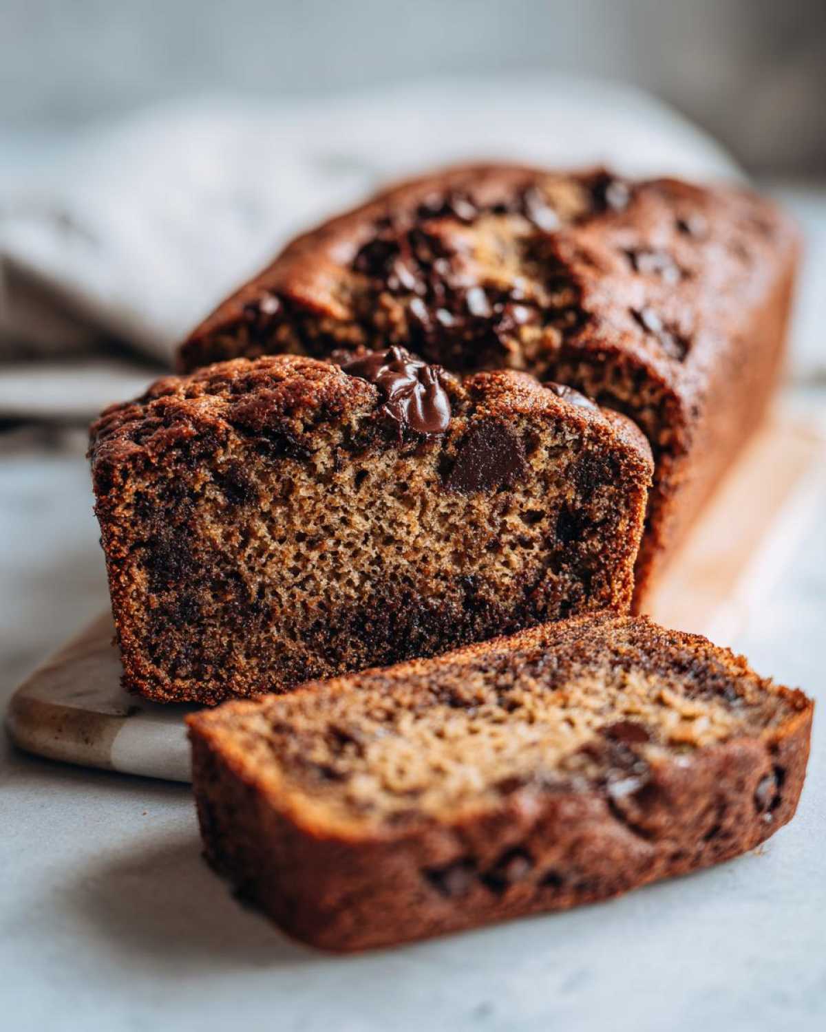 Close-up of moist vegan banana bread loaf sliced, revealing chocolate chips throughout the crumb.