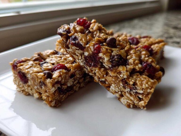 Two chewy no bake granola bars packed with oats, dried cranberries, and chocolate chips on a white plate.