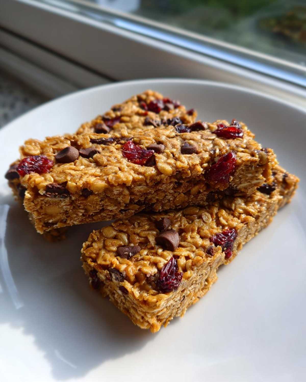Three stacked no bake granola bars featuring oats, chocolate chips, and dried cranberries on a white plate.