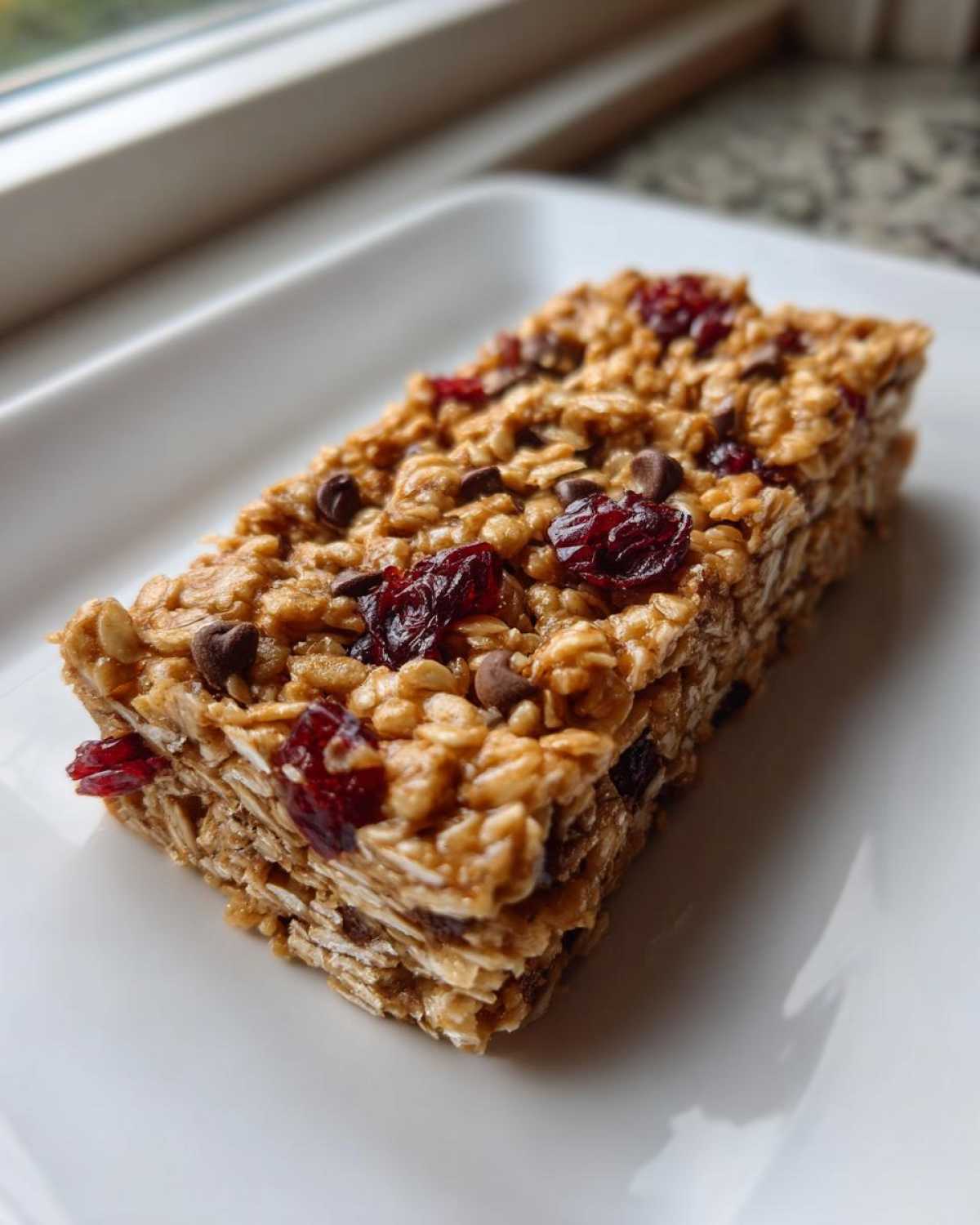 A thick, layered no bake granola bar topped with dried cranberries and chocolate chips on a white plate.