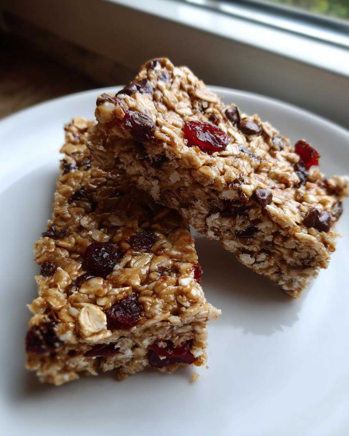 Two stacked no bake granola bars showing oats, dried cranberries, and chocolate chips on a white plate.
