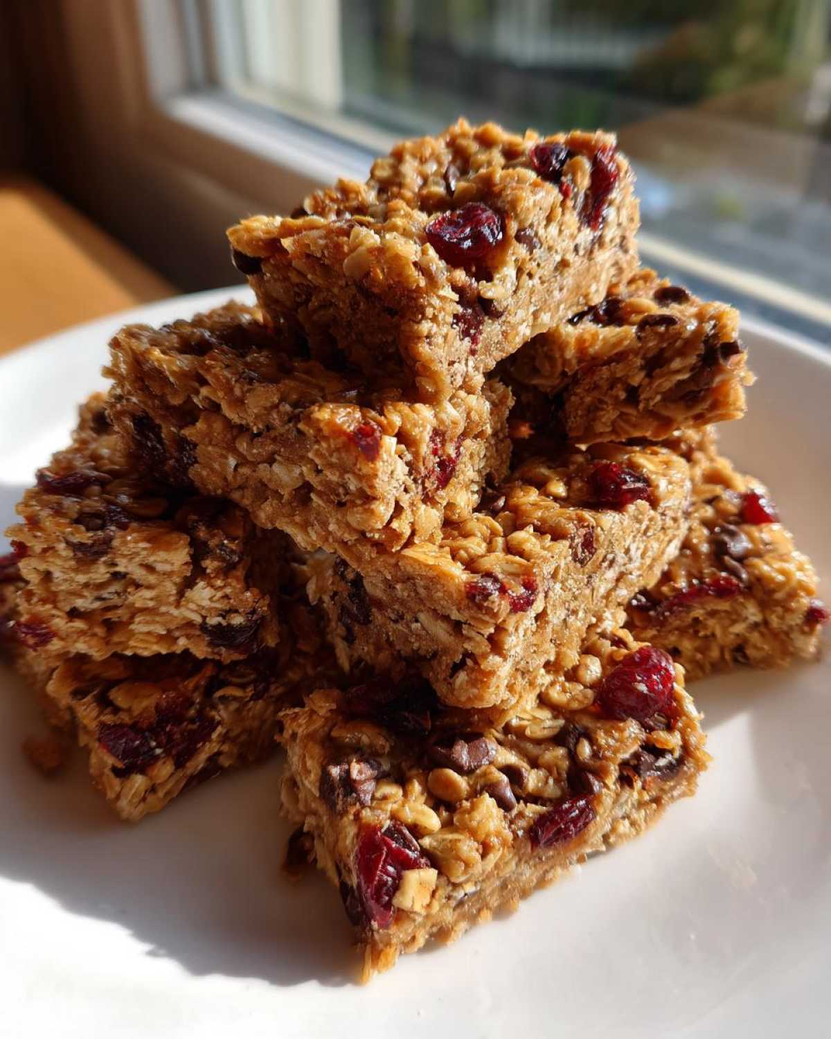 A stack of homemade no bake granola bars featuring oats, dried cranberries, and chocolate chips, sitting on a white plate.