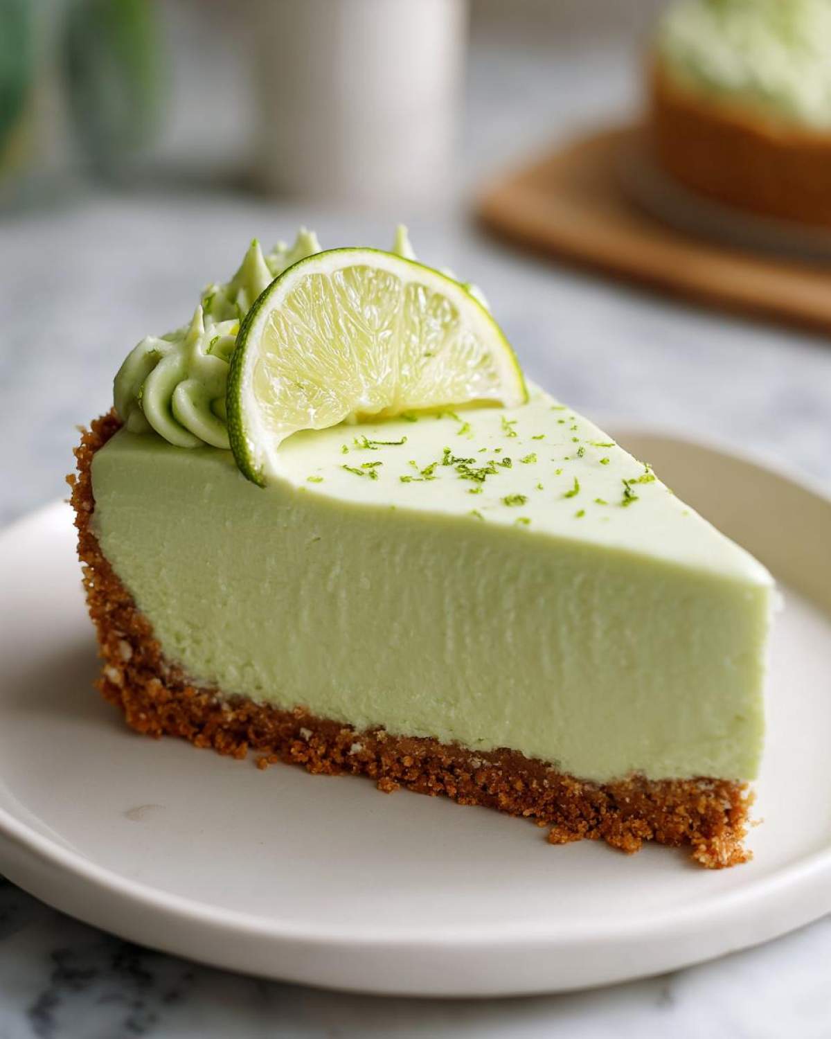 A perfect slice of no-bake key lime cheesecake with a graham cracker crust, topped with whipped cream and a fresh lime slice.