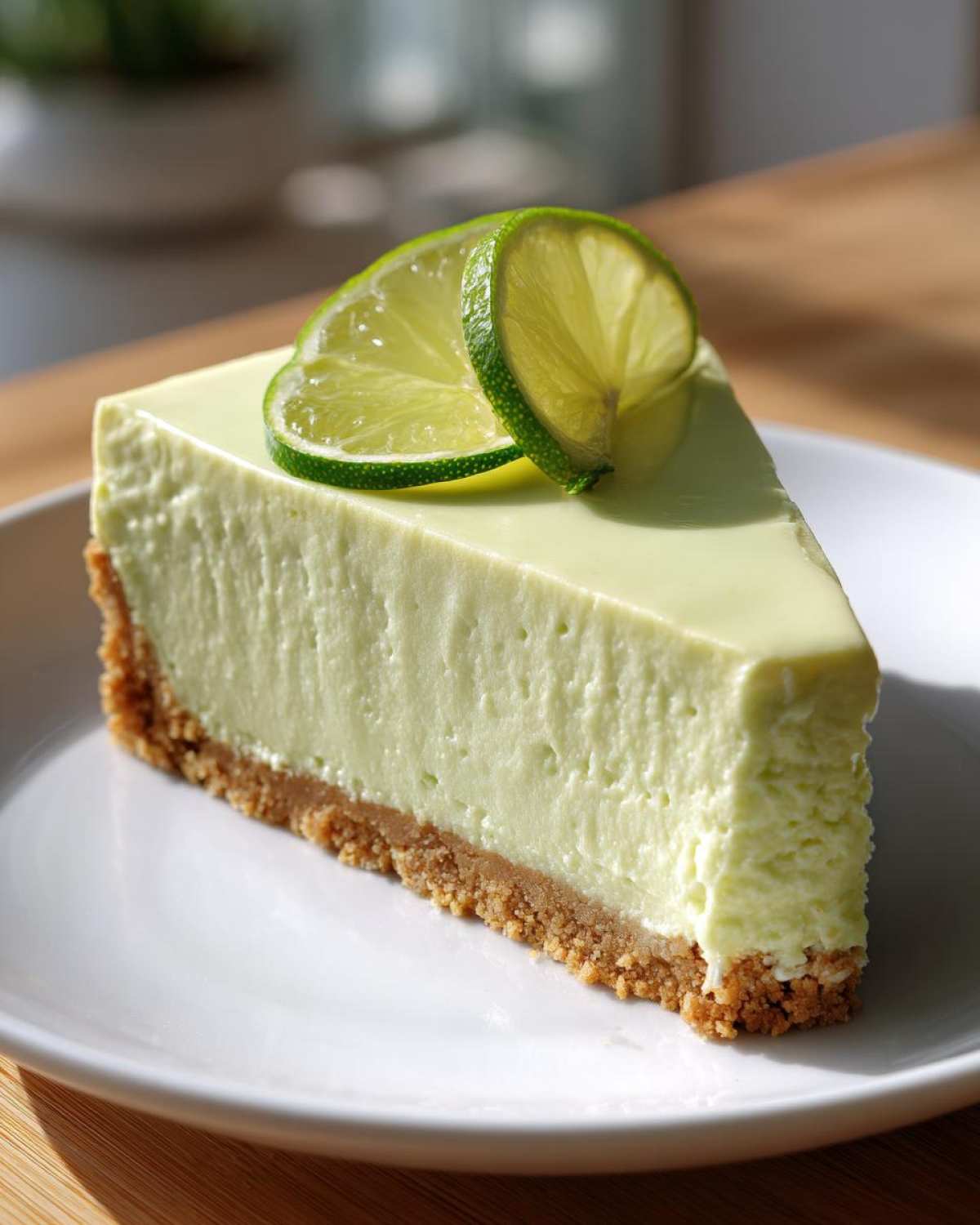 A perfect slice of creamy, pale green no-bake key lime cheesecake on a white plate, topped with two lime slices.