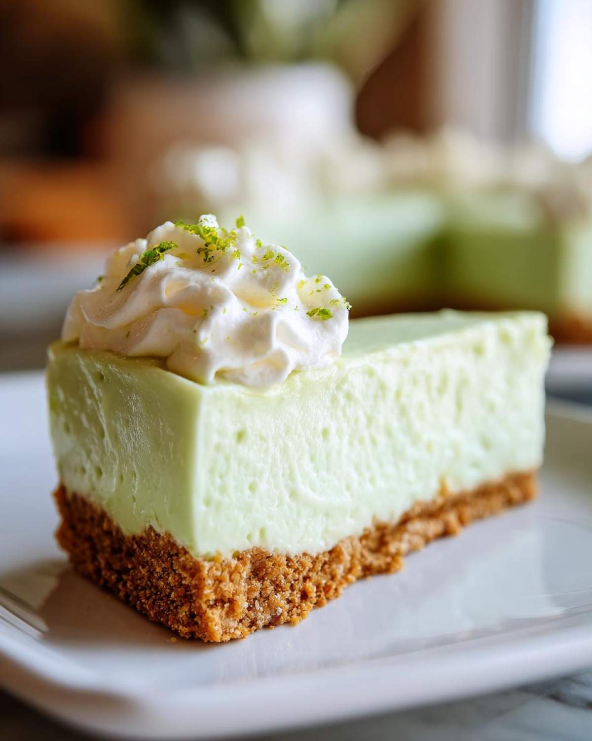 Close-up of a perfect slice of no-bake key lime cheesecake with a graham cracker crust, topped with whipped cream and lime zest.