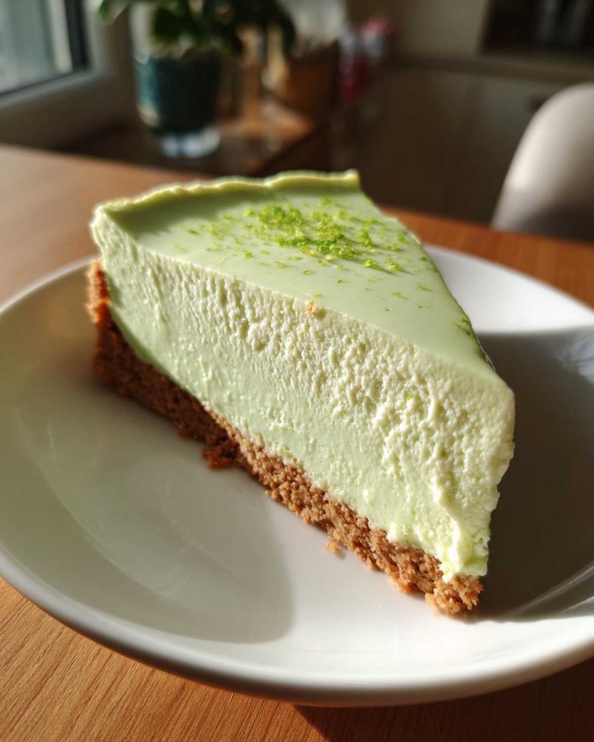 A close-up of a creamy slice of no-bake key lime cheesecake on a white plate, topped with lime zest.