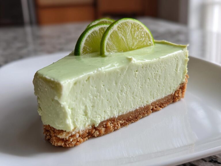 A perfect slice of creamy, light green no-bake key lime cheesecake on a white plate, topped with lime slices.